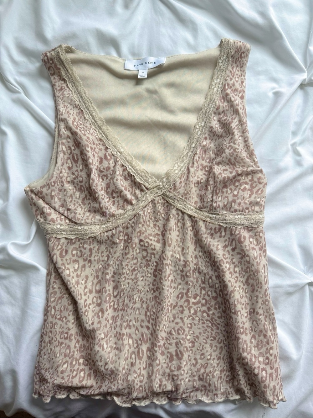 Pink Rose Cream and Blush Leopard Lace Trim Cami